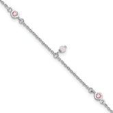 Sterling Silver Rhodium-Platedod-plated Pink CZ/Glass Beads 9in Plus 1in ext Anklet